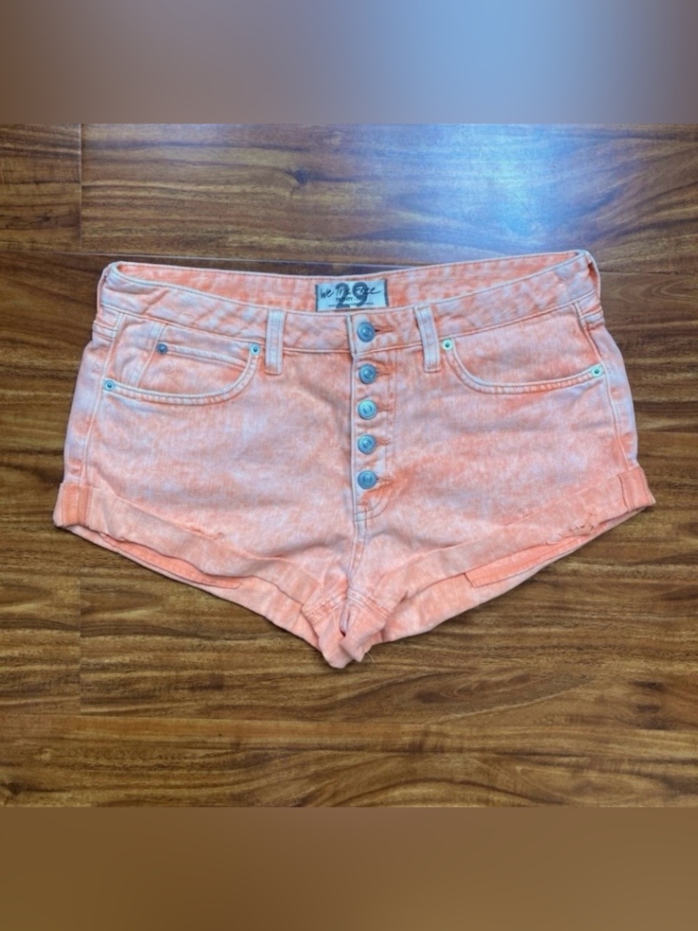 Free People We the Free Womens Orange Acid Wash Distressed Denim Shorts Size 29